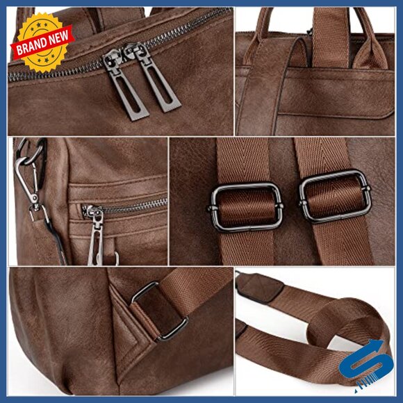 Large Vegan Leather Backpack with Tassel, Laptop Compartment, 11 Pockets